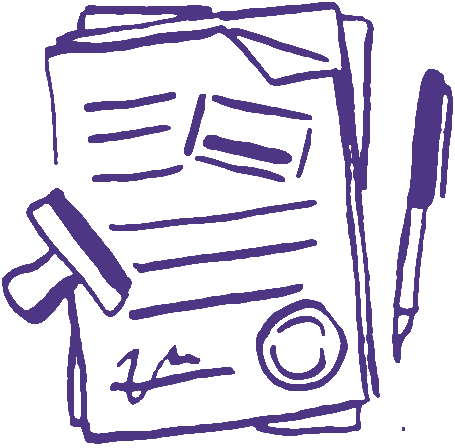 Illustration of a top down view of a small stack of papers with writing and stamps on the top sheet